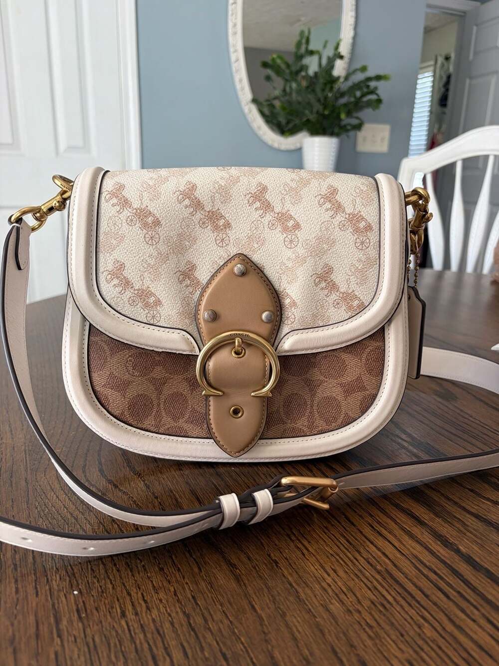 Coach Beat Saddle Bag Horse & Carriage Signature Canvas Chalk Tan